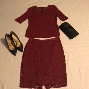Dark red sweater and lace skirt set
